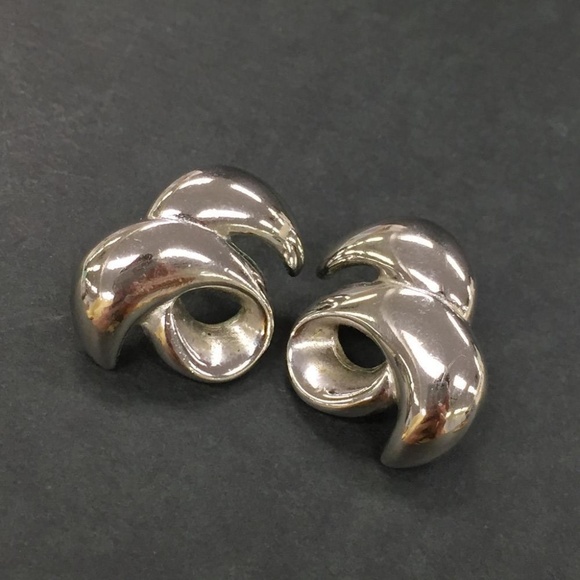 GIVENCHY Logo Silver Tone Metal Earrings Stud Vintage Chunky Wave authentic - Picture 3 of 12